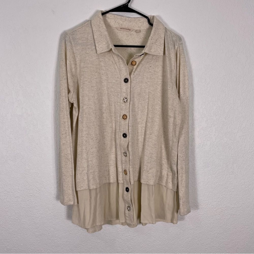 Soft Surroundings‎ Oatmeal Collared Multi Button Front Tunic Long Sleeve Top M
